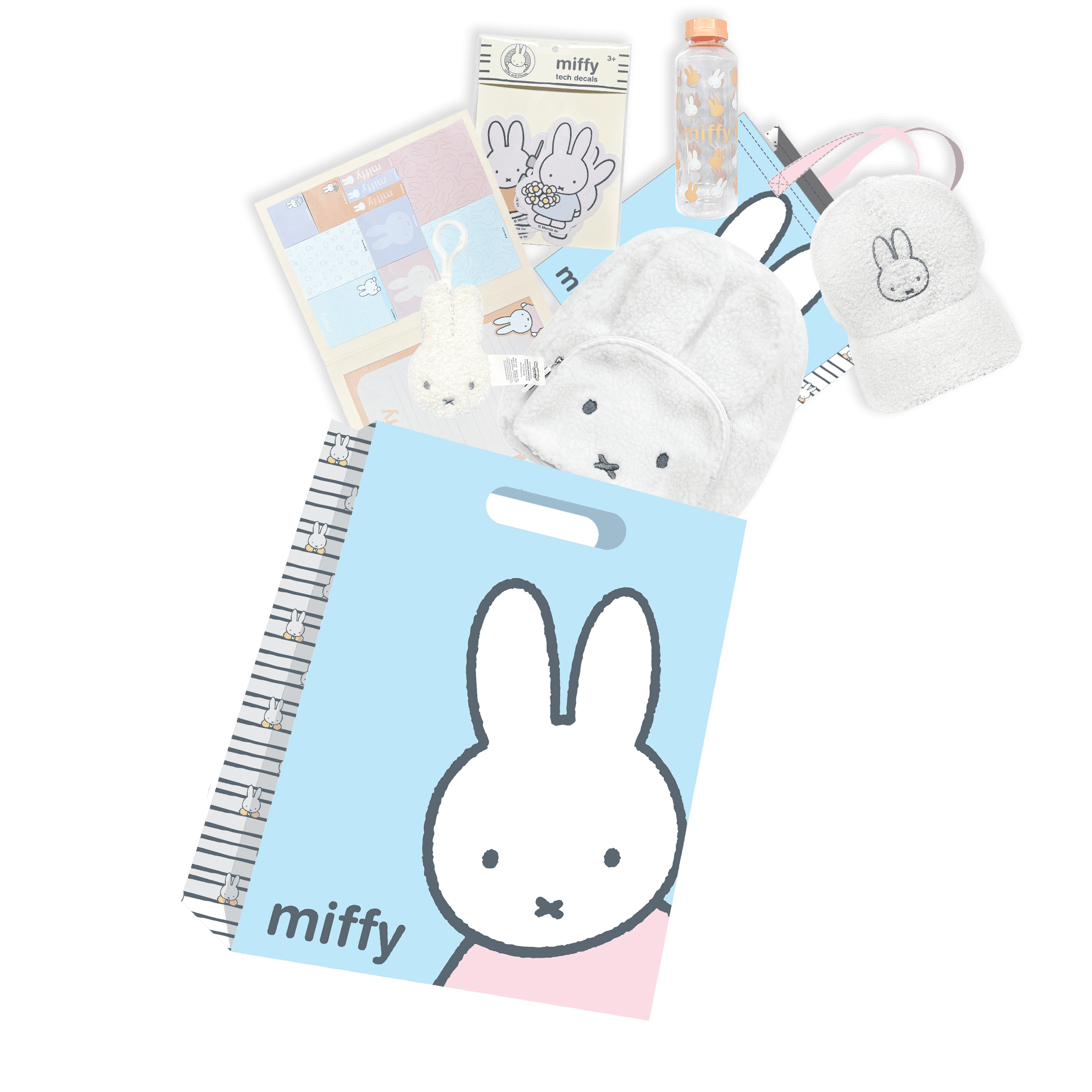 Miffy Showbag front view with backpack, cap and drink bottle