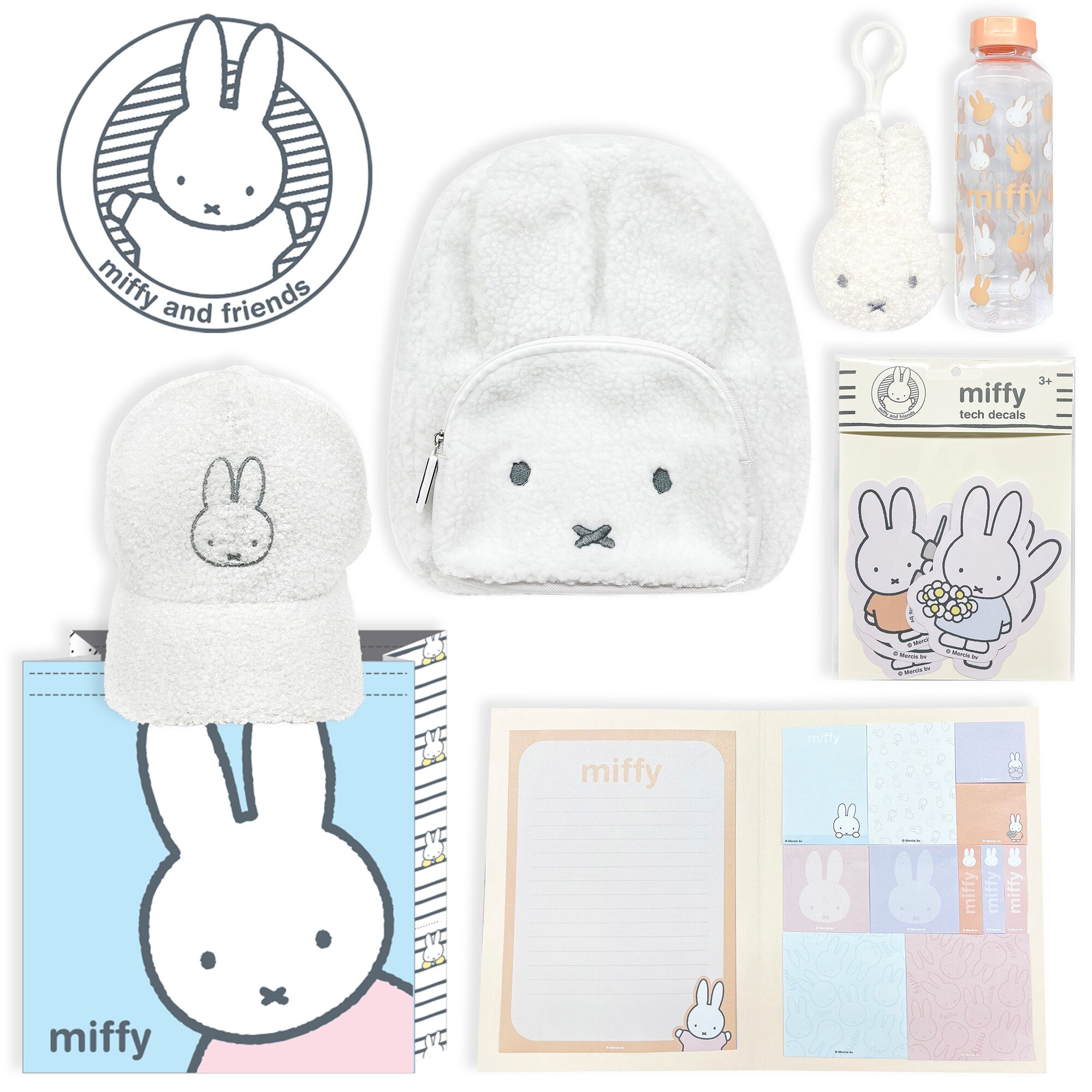 Miffy Showbag contents with backpack, cap, bottle, sticky notes and decals