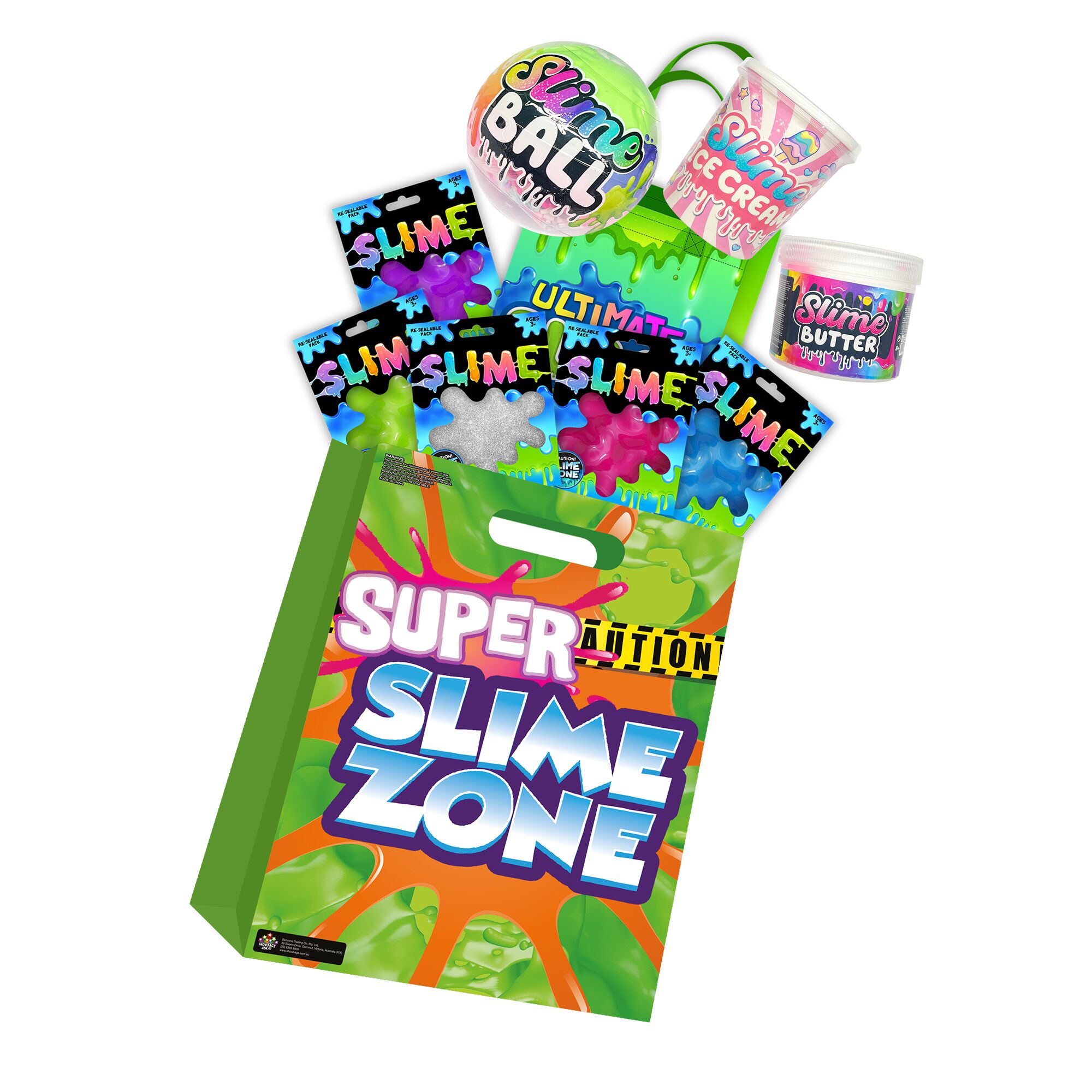 Slime Super Bag Australia with colourful slime and toys