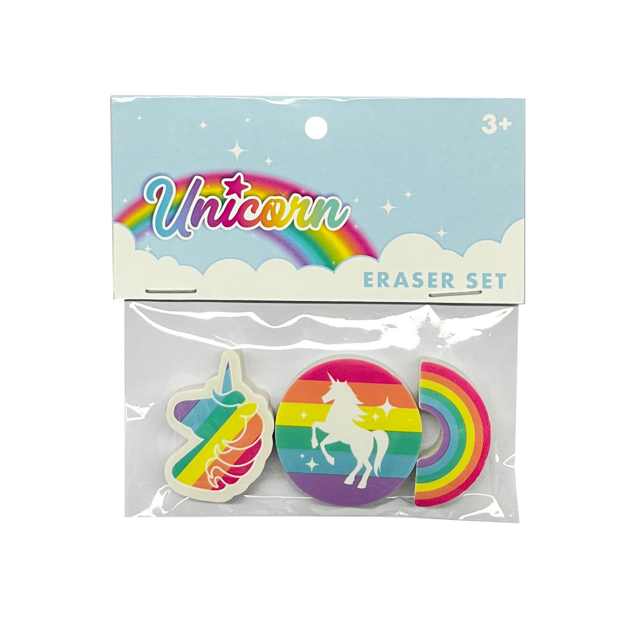 Unicorn eraser set: unicorn head, round unicorn, rainbow arc.