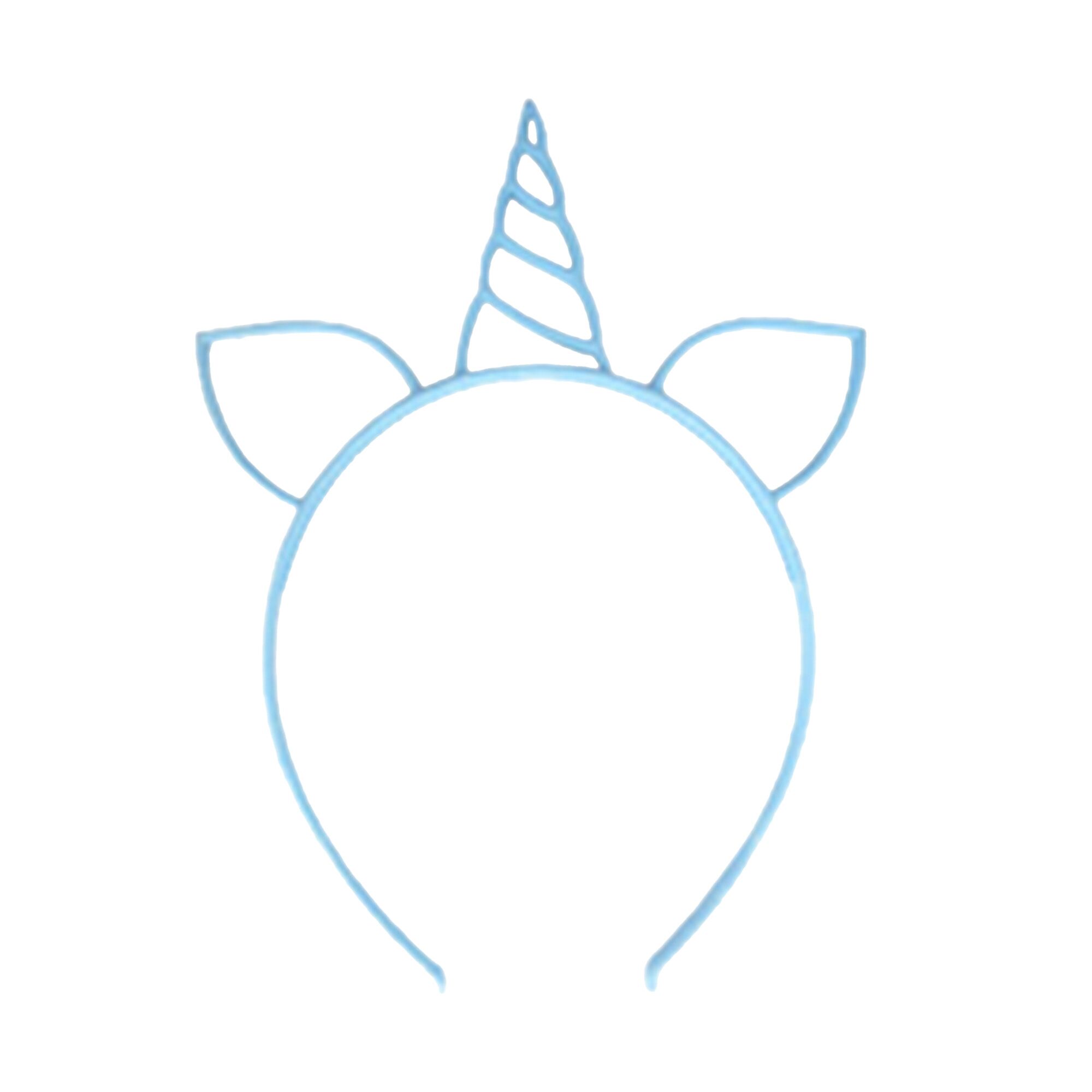 Blue unicorn headband with a spiral unicorn horn and ears.