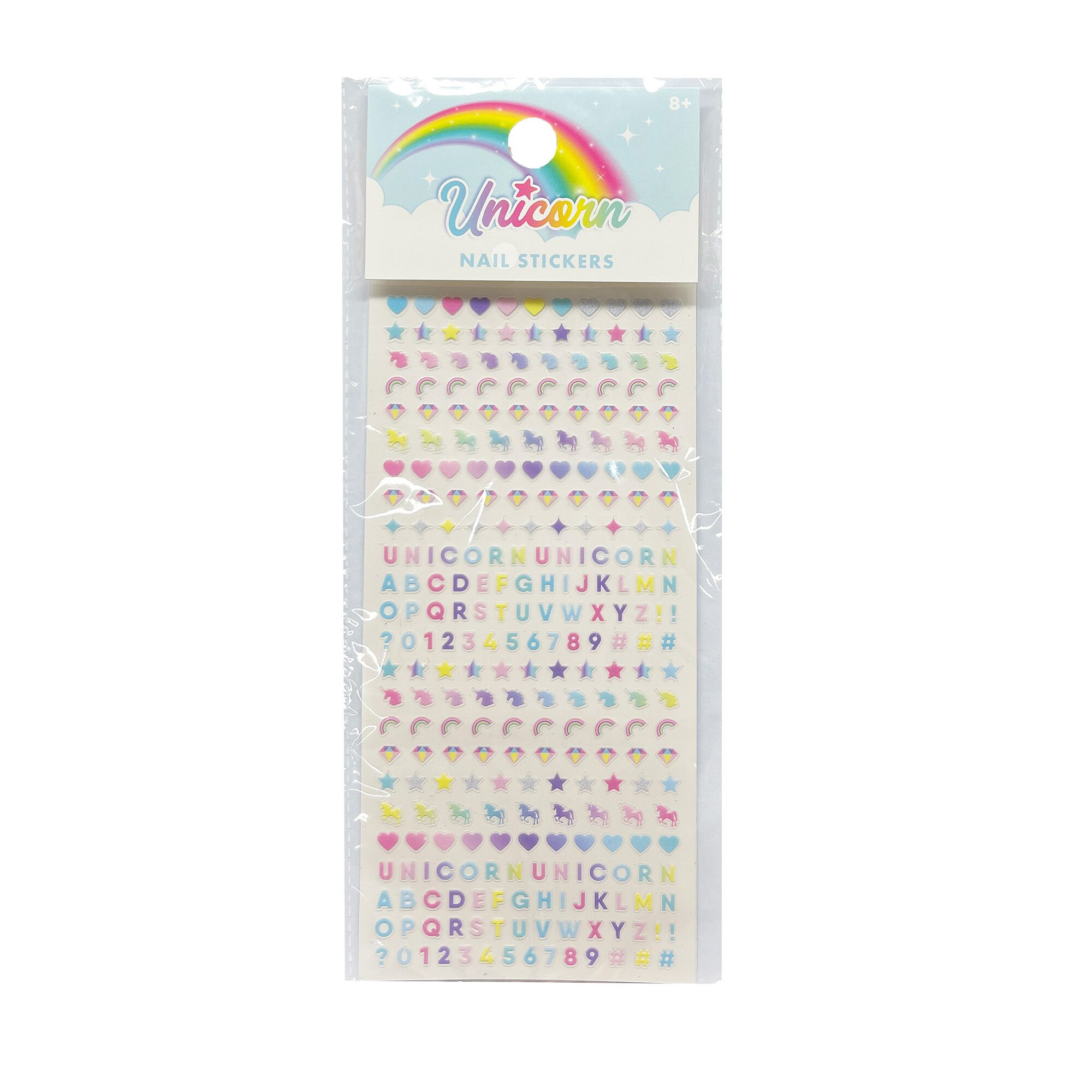 Unicorn nail sticker sheet with shapes, letters, and numbers.