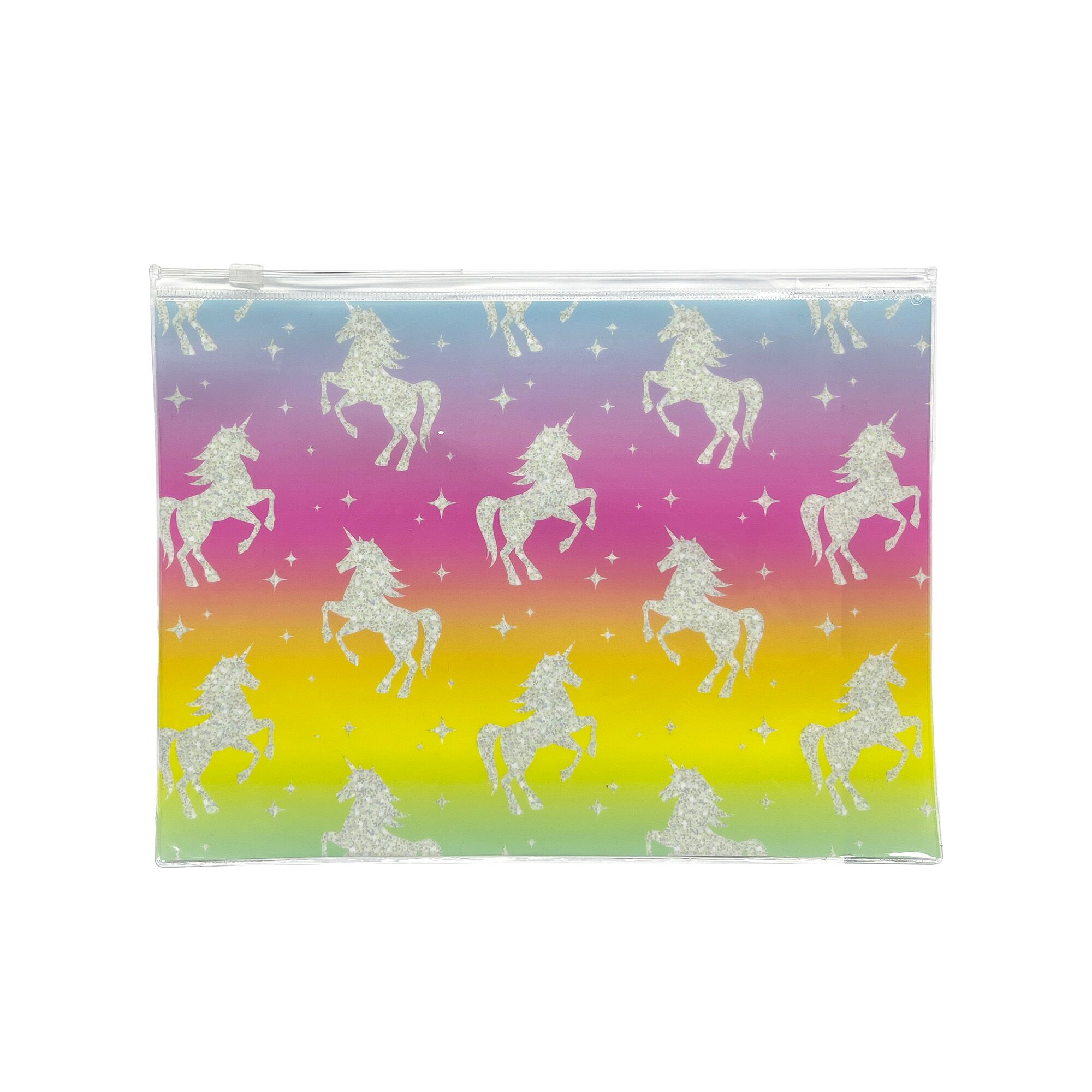 Unicorn-patterned bag with glittery silver unicorns on a rainbow gradient background.