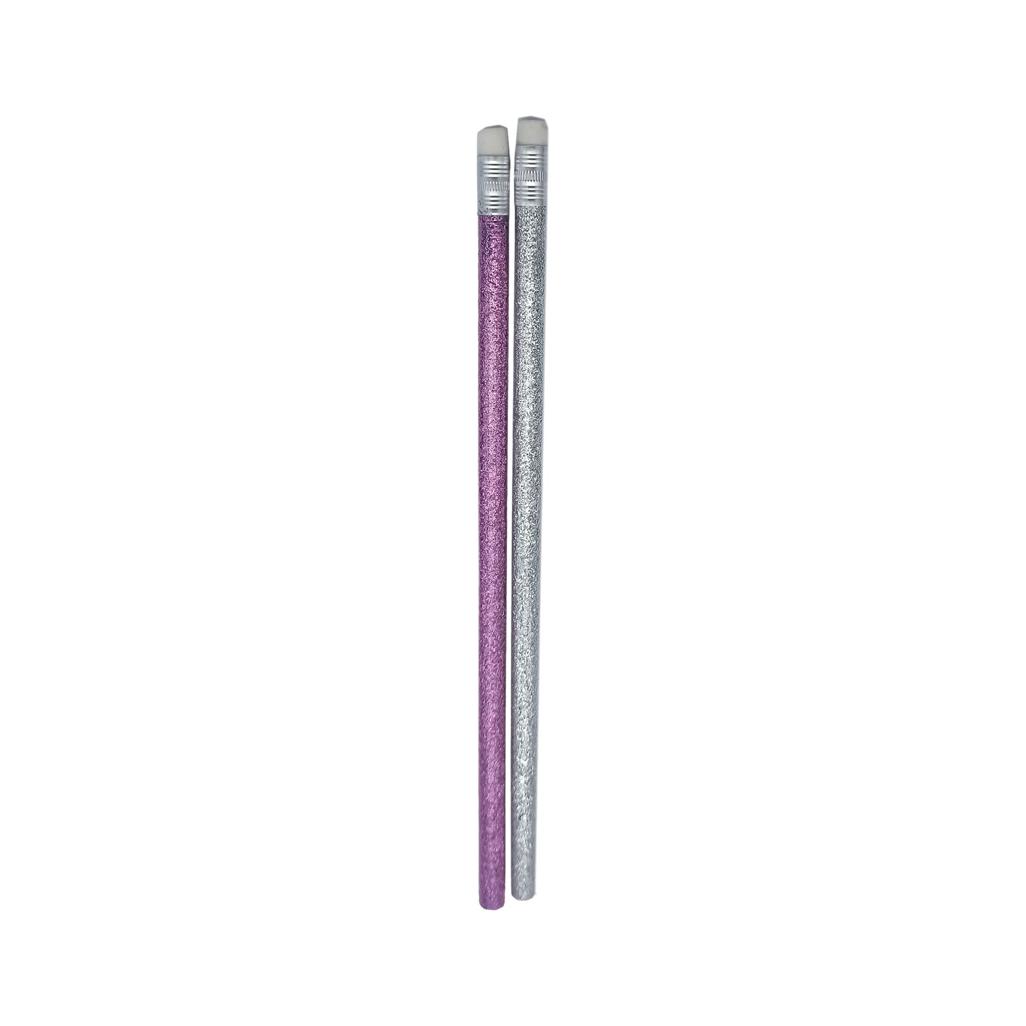 Two glittery pencils, one purple and one silver, with white erasers.