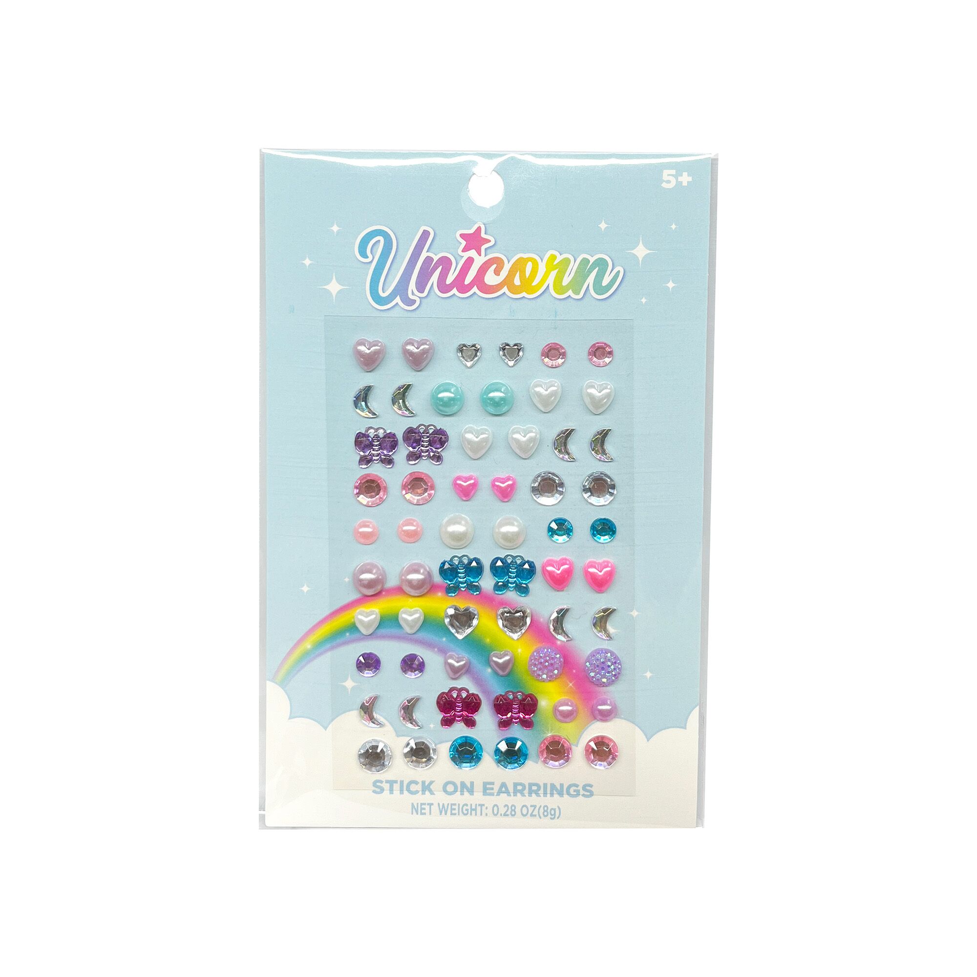Pack of unicorn-themed stick-on earrings featuring various shapes like hearts, moons, stars, and bows in pastel and iridescent colors, displayed on a light blue starry background with a rainbow and the word "Unicorn" in colorful script.