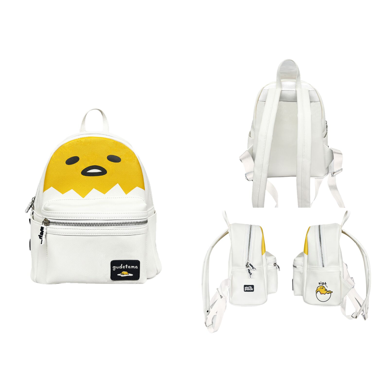 Gudetama Mini Pack front, back, and side angles showing full backpack design