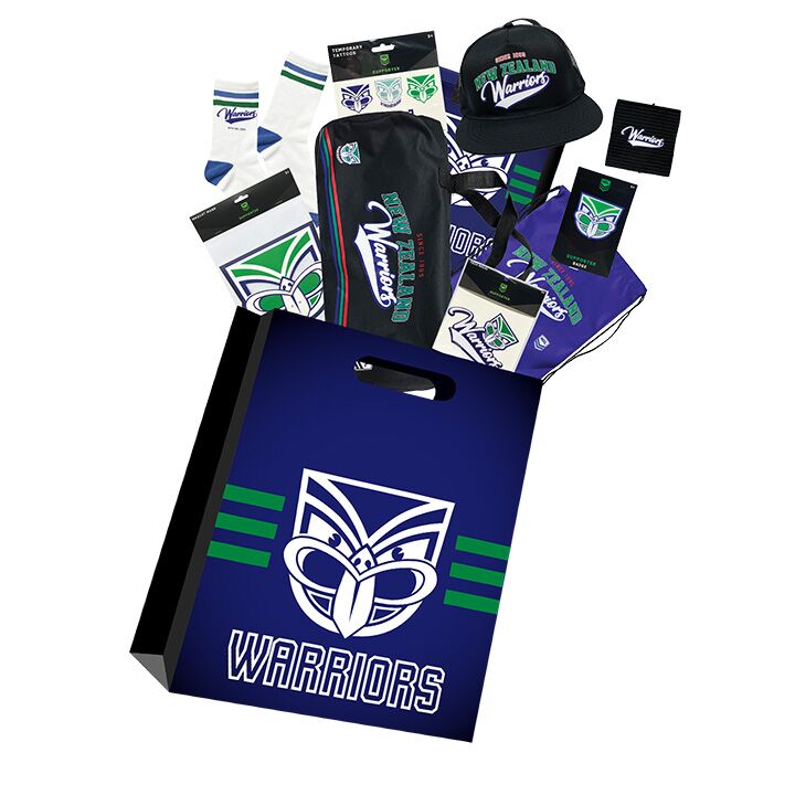 New Zealand Warriors showbag with themed NRL fan gear and accessories